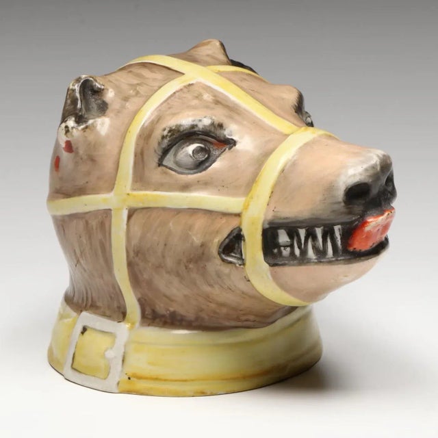 Antique early 19th century English Staffordshire stirrup cup in the form of a bear's head muzzled with open mouth showing...