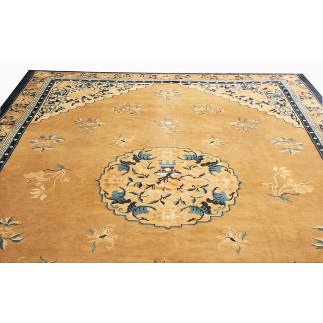 Antique Peking Traditional Gold and Blue Wool Rug - 9′ × 12′8″ For Sale - Image 4 of 6
