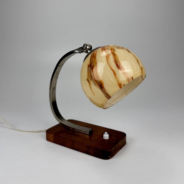 Beige Art Deco Wood and Marble Glass Table Lamp, 1940s For Sale - Image 8 of 8