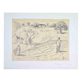 Suzanne Tourte, French Countryside, 1940s, Pencil on Paper For Sale