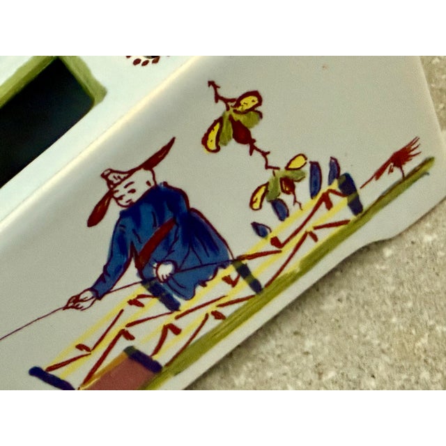 Chinoiserie Vintage Williamsburg Restoration Chinoiserie Delft Flower Brick, Frog Produced in Holland, Featuring Hand-Painted Chinese Fishing Scenes For Sale - Image 3 of 12