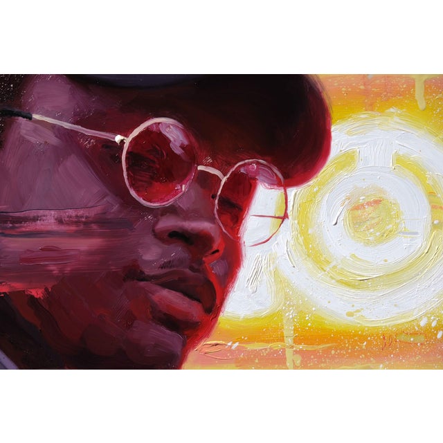 In "Neon Nights," a figure gazes intently towards the viewer, framed against a vibrant backdrop of glowing neon hues. The...