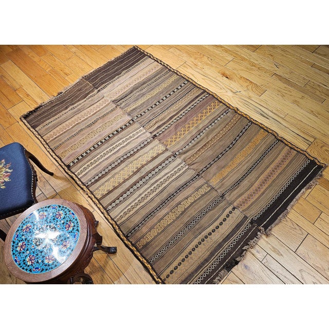 Antique Uzbek Tribal Soumak Kilim, Flat-Woven Wool, Stripe Pattern, Earth Tones, 5x8 For Sale - Image 4 of 14