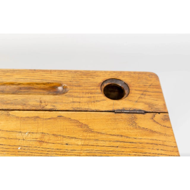 Wood Mid 20th Century Student Oak & Iron Writing Table Slant Top Desk, France, 1950s For Sale - Image 7 of 12