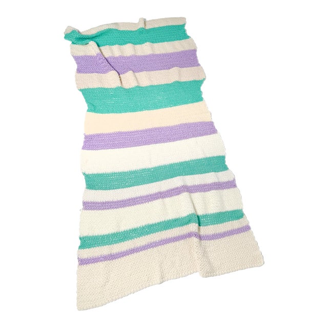 Vintage Pastel Crochet Blanket Lavender Teal Striped Handmade Afghan Throw For Sale