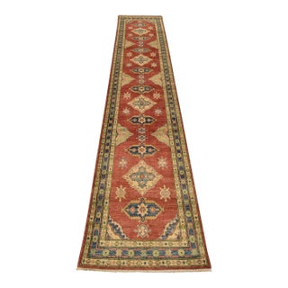 Kazak Runner 2’9” X 13’2” Red Wool Tribal Hand-Knotted Oriental Rug For Sale