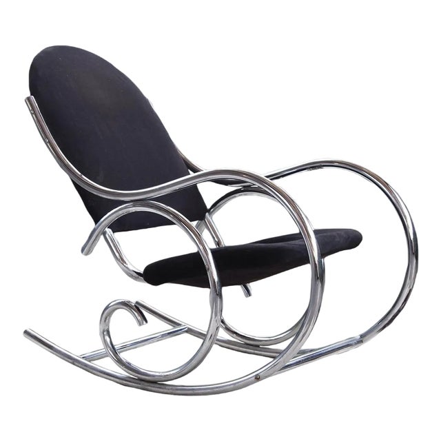 Sculptural Chrome and Black Velour Rocking Chair in the style of Milo Baughman, 1970s For Sale