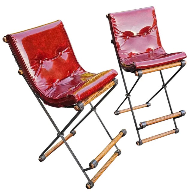 Mid 20th Century Pair of Campaign "X" Wrought Iron and Oak Bar Stools Attributed to Cleo Baldon for Terra of California For Sale In Washington DC - Image 6 of 11