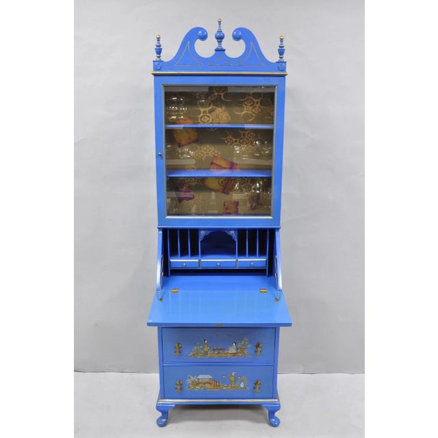 Vintage Chinoiserie Blue Hand Painted Gold Gilt Narrow Bookcase Secretary Desk For Sale - Image 11 of 18