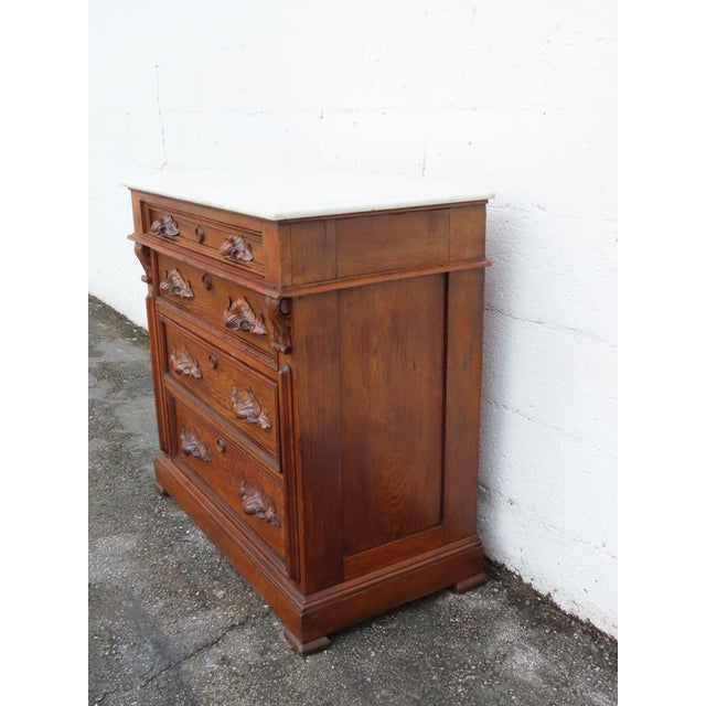 Victorian Victorian Eastlake Late 1800s Carved Marble Top Small Dresser Chest 6399 For Sale - Image 3 of 18
