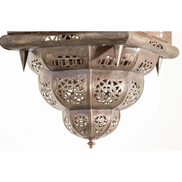 Metal Vintage Moroccan Hanging Lantern Clear and Multicolor Glass Made in Marrakech For Sale - Image 7 of 12