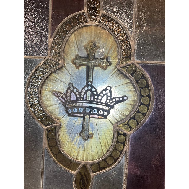 Glass Antique Gothic Revival "Cross and Crown" Stained Glass Liturgical Panel For Sale - Image 7 of 12