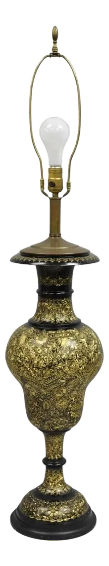Early 20th Century Vintage Anglo Indian Ornate Floral Etched Brass Tall Table Lamp