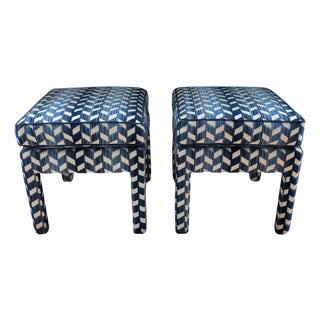 Schumacher Chevron Strie Velvet in Lapis Blue Parsons Ottomans - Pair For Sale