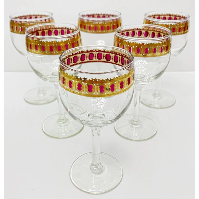 Cerise Vintage 1950s, Culver, Mid Century Hollywood Regency Stemware Footed Wine Glass With Gold Band, Set 6 Pieces For Sale - Image 8 of 8