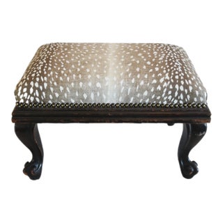 Vintage Carved Footstool Newly Upholstered in a Designer Antelope Print Fabric For Sale