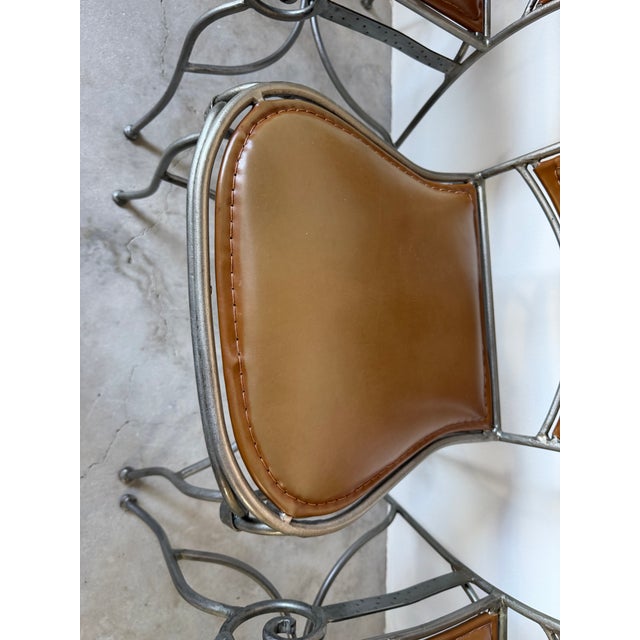 Palma Brava Wrought Iron & Brown Leather Dining Chairs – Set of 4 For Sale - Image 10 of 13