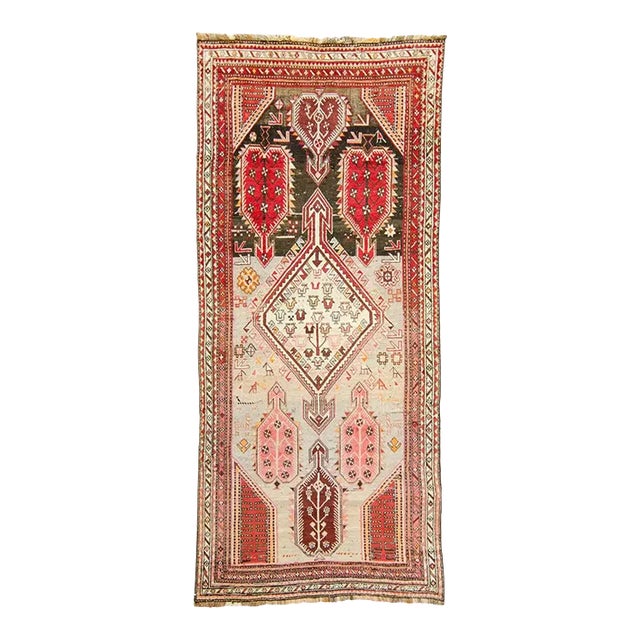 1910s Antique Armenian Karabagh Medallion Geometric Botanical Red Brown Hand-Knotted Wool Pile Rug - 3’9” X 8’6” For Sale