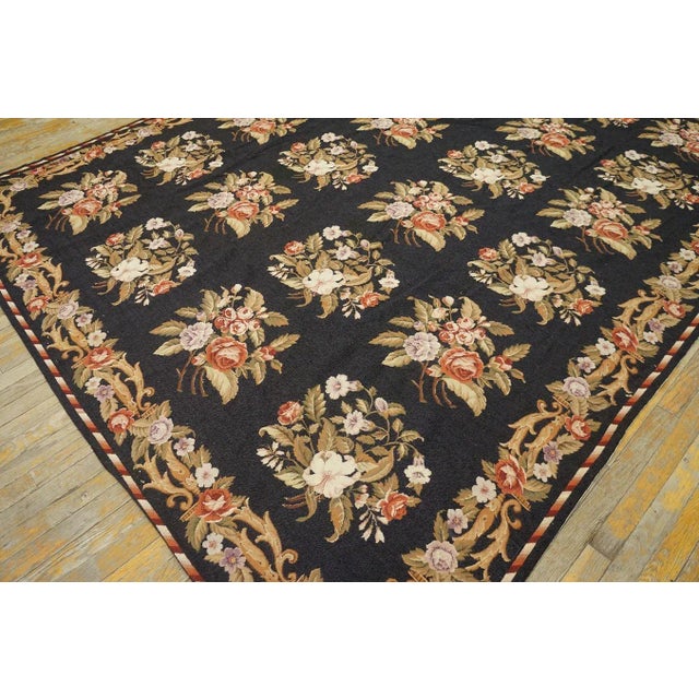 1980s Black Floral European Vintage Needlepoint Carpet 7'10'' X 9'6'' Flatweave Wool Rug For Sale - Image 4 of 9