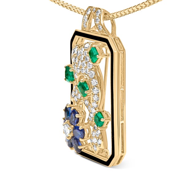 Contemporary 18K Yellow Gold 2 1/3 Cttw Diamond, Sapphire, and Emerald Dog Tag with Dolphin Silhouette Convertible 18" Pendant Necklace and Brooch For Sale - Image 3 of 6