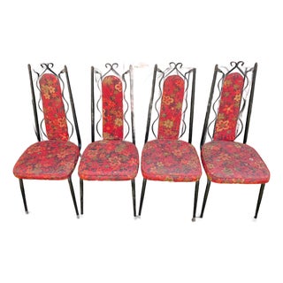 1960s Mid-Century Modern "Dixie Duchess" Wrought Iron Floral Dining Chairs (Set of 4) For Sale