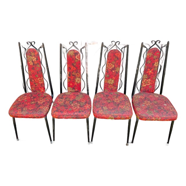 1960s Mid-Century Modern "Dixie Duchess" Wrought Iron Floral Dining Chairs (Set of 4) For Sale