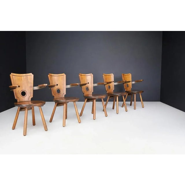 Brown French Modernist Dining Chairs in Stained Oak and Brass, 1960s, Set of 8 For Sale - Image 8 of 13