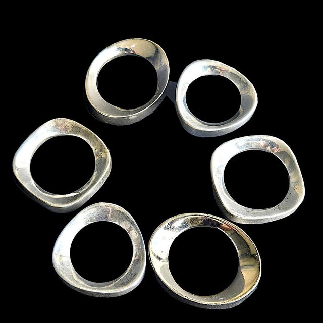 1980s Vintage Silverplate Modernist Napkin Rings, Set of 6 For Sale - Image 5 of 16