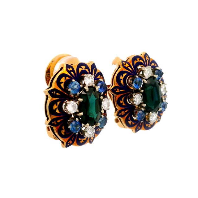1950s Mid-Century Sapphire Diamond Enamel 14k Yellow Gold Earrings, A Pair For Sale - Image 4 of 5