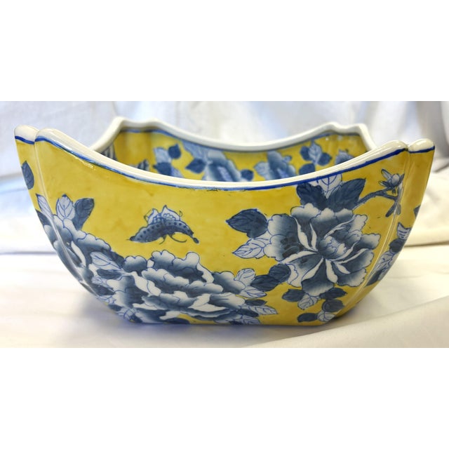 Vintage Chinoiserie Style Blue and Yellow Ceramic Handkerchief Bowl For Sale - Image 10 of 12
