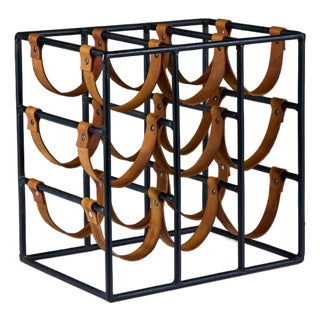 Mid 20th Century Arthur Umanoff Wrought Iron and Leather Wine Rack For Sale