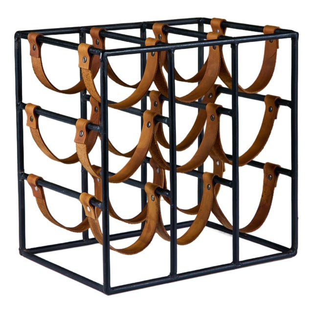 Mid 20th Century Arthur Umanoff Wrought Iron and Leather Wine Rack For Sale