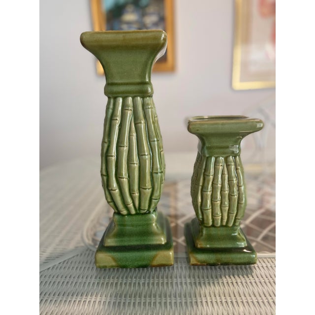 Ceramic Vintage Faux Bamboo Green Candle Holders - A Pair For Sale - Image 7 of 7
