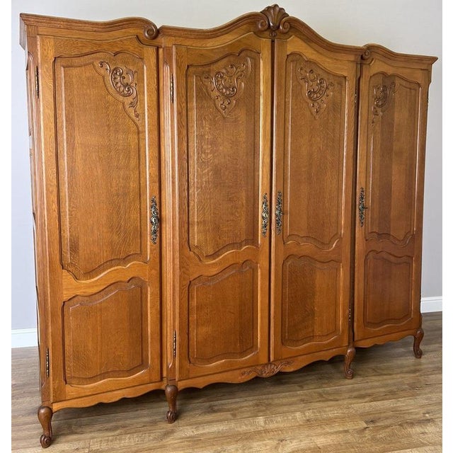 Vintage French Louis XVI Style Carved Oak 4-Door Armoire For Sale - Image 14 of 14