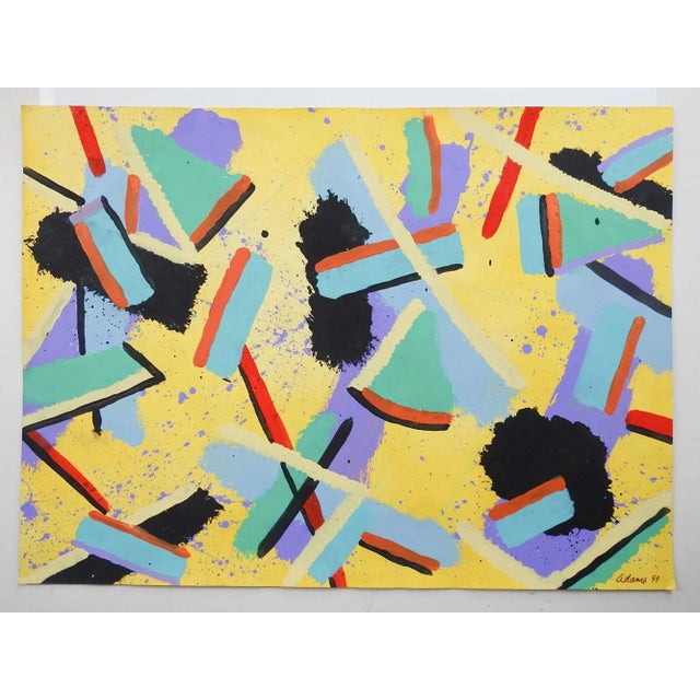 Contemporary Vintage Abstract Expressionist Jerry Adams Painting on Paper in Yellow Blue Black For Sale - Image 3 of 3