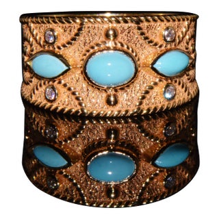 Natural Diamond Turquoise 18k Solid Gold Byzantine Beaded Greek Ring Stacking Band Ring, Size 6 For Sale