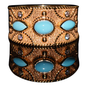 Natural Diamond Turquoise 18k Solid Gold Byzantine Beaded Greek Ring Stacking Band Ring, Size 6