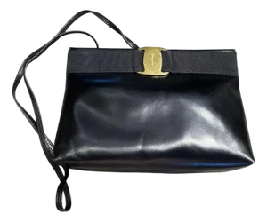 A 1990s Black Leather and Brass Shoulder Bag by Salvatore Ferragamo