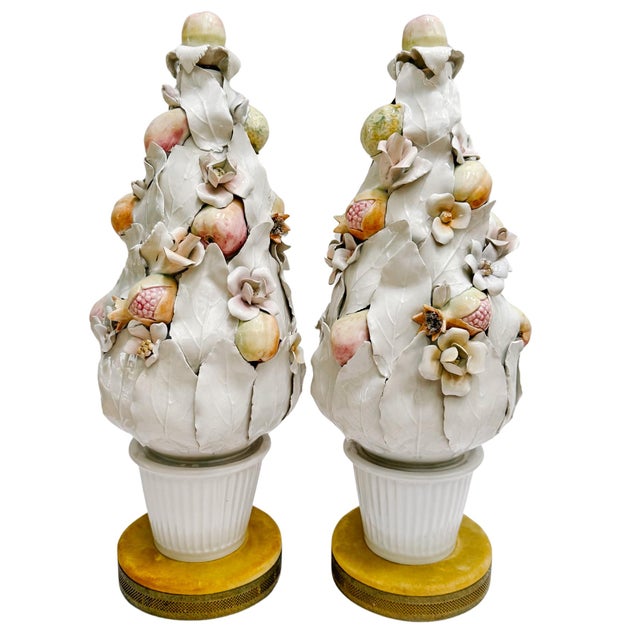 Iconic pair of mid-century Italian hand-sculpted porcelain fruit topiaries by Ardalt made to be used as is or be wired as...