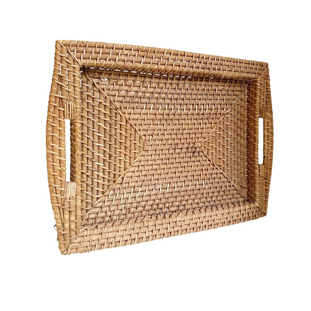 Woven Rattan Serving Tray With Handles For Sale - Image 4 of 6