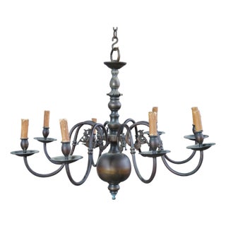 Antique Brass Colonial Williamsburg 8 Arm Candlestick Light Chandelier 35" For Sale