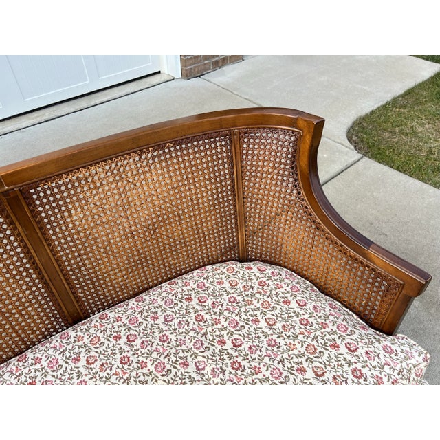 Vintage Caned Barrel Back Single Cushion Loveseat Upholstered in a Red Flower Print With Squared Tapered Legs For Sale - Image 4 of 12