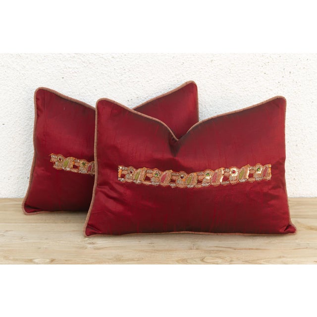 Traditional Rasa Red Pair of Zardozi Pillows For Sale - Image 3 of 8