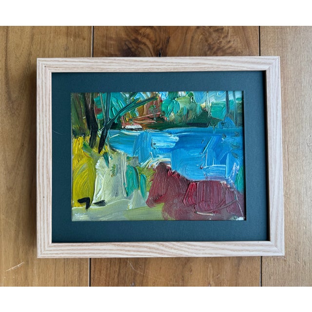 “The Riverbed”: highly textured, painterly, with great color and movement. Oil on board, matted and framed, signed on...