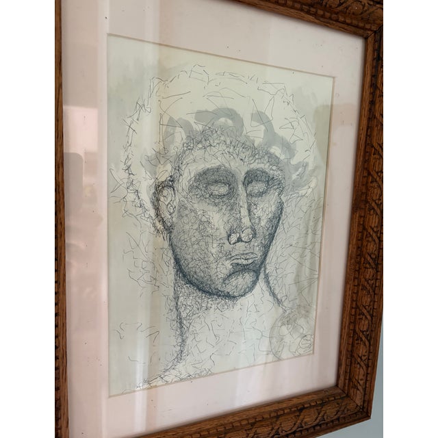 Figurative 1980s Original Bust Drawing in Antique Carved Wood Frame For Sale - Image 3 of 3