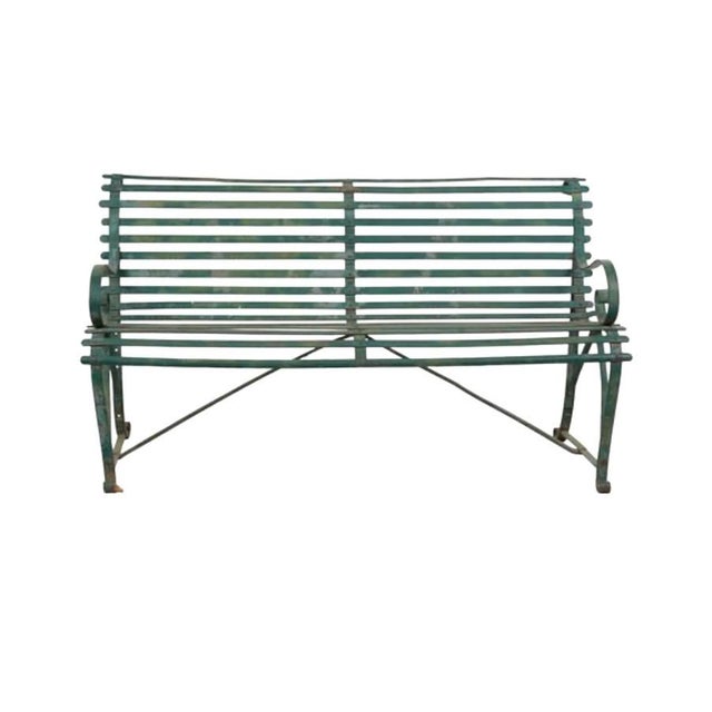 Hannecke Company (Wisconsin) Green Painted Garden Bench. Bench features elegant hand-forged iron construction with scroll...