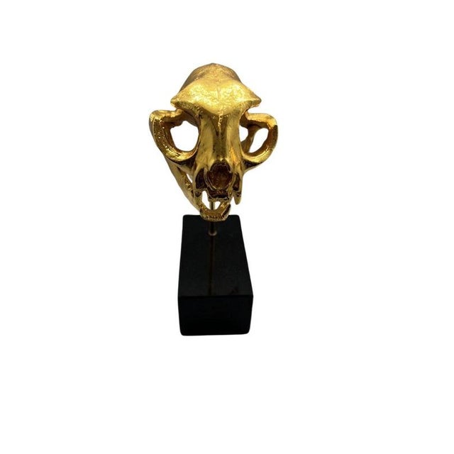 Golden Cat Skull Desk Sculpture on Black Marble Base For Sale - Image 4 of 11