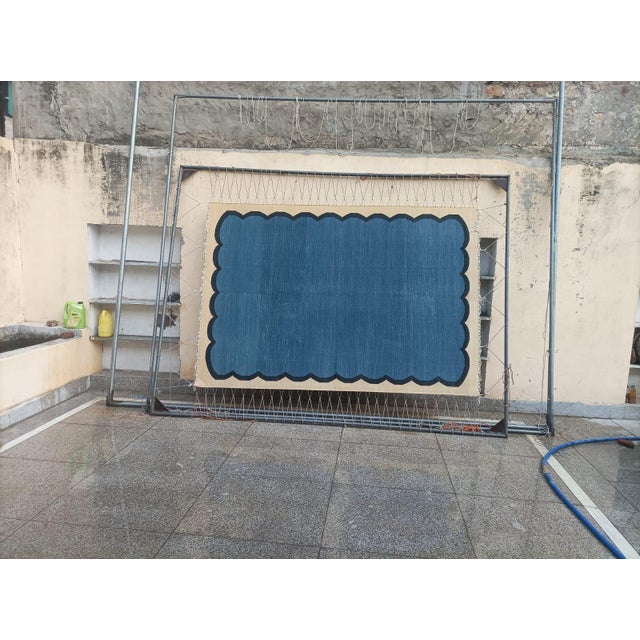 Mid-Century Modern Handmade Cotton Area Vegetable Dyed Rug, Teal Blue, Black and Cream Scalloped Dhurrie - 6'x9' For Sale - Image 3 of 7
