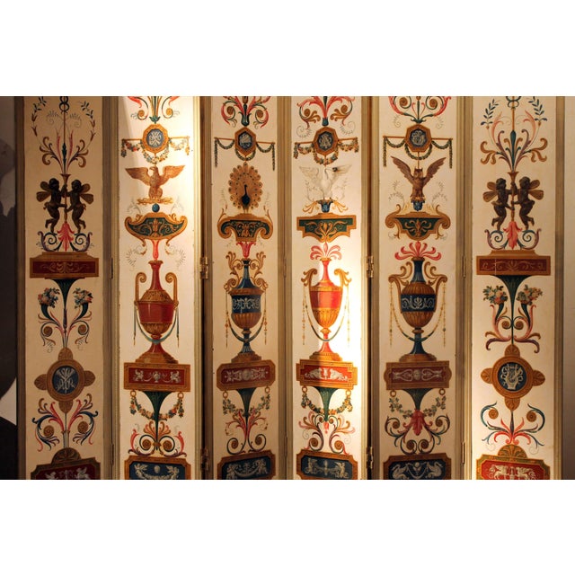 19th Century Italian Six-Panel Painted Wood Folding Screen in Gilt Bronze Frame For Sale - Image 6 of 16