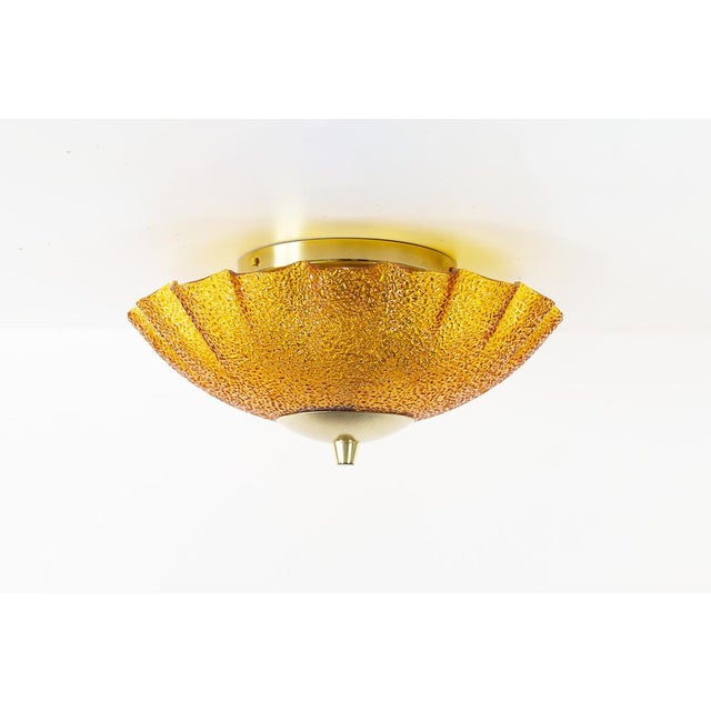 Vintage Brass and Amber Glass Ceiling Light or Flush Mount, Germany, 1970s For Sale - Image 8 of 8